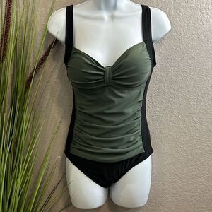 #94 Sea and sand Olive green/black one piece bathing suit size 10